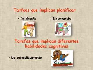 Tarfeas que implican planificar
• De deseño • De creación
Tarefas que implican diferentes
habilidades cognitivas
• De autocoñecemento
 
