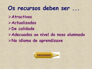 Os recursos deben ser ...
Atractivos
Actualizados
De calidade
Adecuados ao nivel do noso alumnado
No idioma de aprendizaxe
 