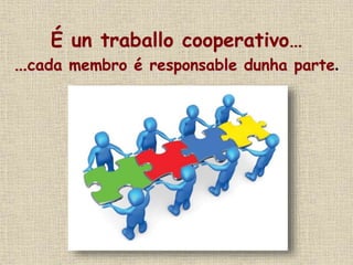 É un traballo cooperativo…
…cada membro é responsable dunha parte.
 