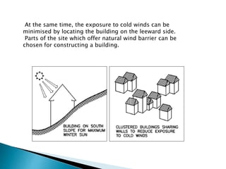 At the same time, the exposure to cold winds can be 
minimised by locating the building on the leeward side. 
Parts of the site which offer natural wind barrier can be 
chosen for constructing a building. 
 