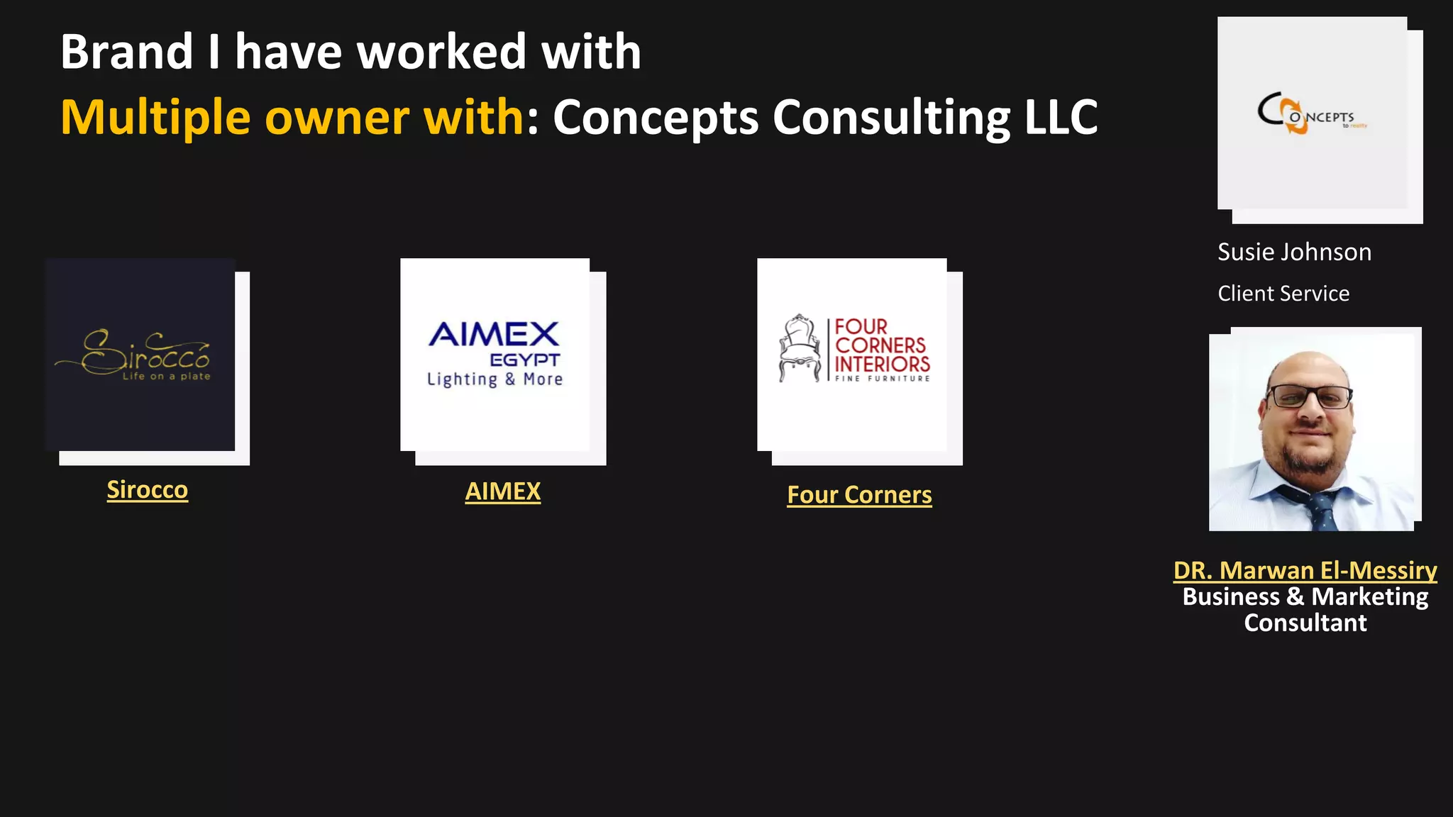 Sirocco
Brand I have worked with
Multiple owner with: Concepts Consulting LLC
AIMEX Four Corners
Susie Johnson
Client Service
DR. Marwan El-Messiry
Business & Marketing
Consultant
 