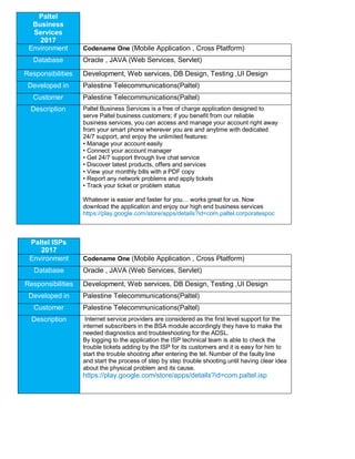 Paltel
Business
Services
2017
Environment Codename One (Mobile Application , Cross Platform)
Database Oracle , JAVA (Web Services, Servlet)
Responsibilities Development, Web services, DB Design, Testing ,UI Design
Developed in Palestine Telecommunications(Paltel)
Customer Palestine Telecommunications(Paltel)
Description Paltel Business Services is a free of charge application designed to
serve Paltel business customers; if you benefit from our reliable
business services, you can access and manage your account right away
from your smart phone wherever you are and anytime with dedicated
24/7 support, and enjoy the unlimited features:
• Manage your account easily
• Connect your account manager
• Get 24/7 support through live chat service
• Discover latest products, offers and services
• View your monthly bills with a PDF copy
• Report any network problems and apply tickets
• Track your ticket or problem status
Whatever is easier and faster for you… works great for us. Now
download the application and enjoy our high end business services
https://play.google.com/store/apps/details?id=com.paltel.corporatespoc
Paltel ISPs
2017
Environment Codename One (Mobile Application , Cross Platform)
Database Oracle , JAVA (Web Services, Servlet)
Responsibilities Development, Web services, DB Design, Testing ,UI Design
Developed in Palestine Telecommunications(Paltel)
Customer Palestine Telecommunications(Paltel)
Description Internet service providers are considered as the first level support for the
internet subscribers in the BSA module accordingly they have to make the
needed diagnostics and troubleshooting for the ADSL.
By logging to the application the ISP technical team is able to check the
trouble tickets adding by the ISP for its customers and it is easy for him to
start the trouble shooting after entering the tel. Number of the faulty line
and start the process of step by step trouble shooting until having clear idea
about the physical problem and its cause.
https://play.google.com/store/apps/details?id=com.paltel.isp
 