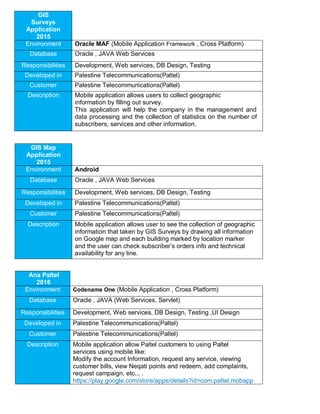 GIS
Surveys
Application
2015
Environment Oracle MAF (Mobile Application Framework , Cross Platform)
Database Oracle , JAVA Web Services
Responsibilities Development, Web services, DB Design, Testing
Developed in Palestine Telecommunications(Paltel)
Customer Palestine Telecommunications(Paltel)
Description Mobile application allows users to collect geographic
information by filling out survey.
This application will help the company in the management and
data processing and the collection of statistics on the number of
subscribers, services and other information.
GIS Map
Application
2015
Environment Android
Database Oracle , JAVA Web Services
Responsibilities Development, Web services, DB Design, Testing
Developed in Palestine Telecommunications(Paltel)
Customer Palestine Telecommunications(Paltel)
Description Mobile application allows user to see the collection of geographic
information that taken by GIS Surveys by drawing all information
on Google map and each building marked by location marker
and the user can check subscriber’s orders info and technical
availability for any line.
Ana Paltel
2016
Environment Codename One (Mobile Application , Cross Platform)
Database Oracle , JAVA (Web Services, Servlet)
Responsibilities Development, Web services, DB Design, Testing ,UI Design
Developed in Palestine Telecommunications(Paltel)
Customer Palestine Telecommunications(Paltel)
Description Mobile application allow Paltel customers to using Paltel
services using mobile like:
Modify the account Information, request any service, viewing
customer bills, view Neqati points and redeem, add complaints,
request campaign, etc... .
https://play.google.com/store/apps/details?id=com.paltel.mobapp
 