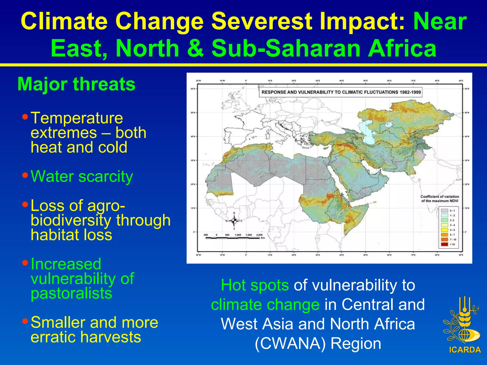 Climate Change Severest Impact:  Near East, North & Sub-Saharan Africa Hot spots  of vulnerability to  climate change  in Central and West Asia and North Africa (CWANA) Region Temperature extremes – both heat and cold Water scarcity Loss of agro-biodiversity through habitat loss Increased vulnerability of pastoralists Smaller and more erratic harvests Major threats 