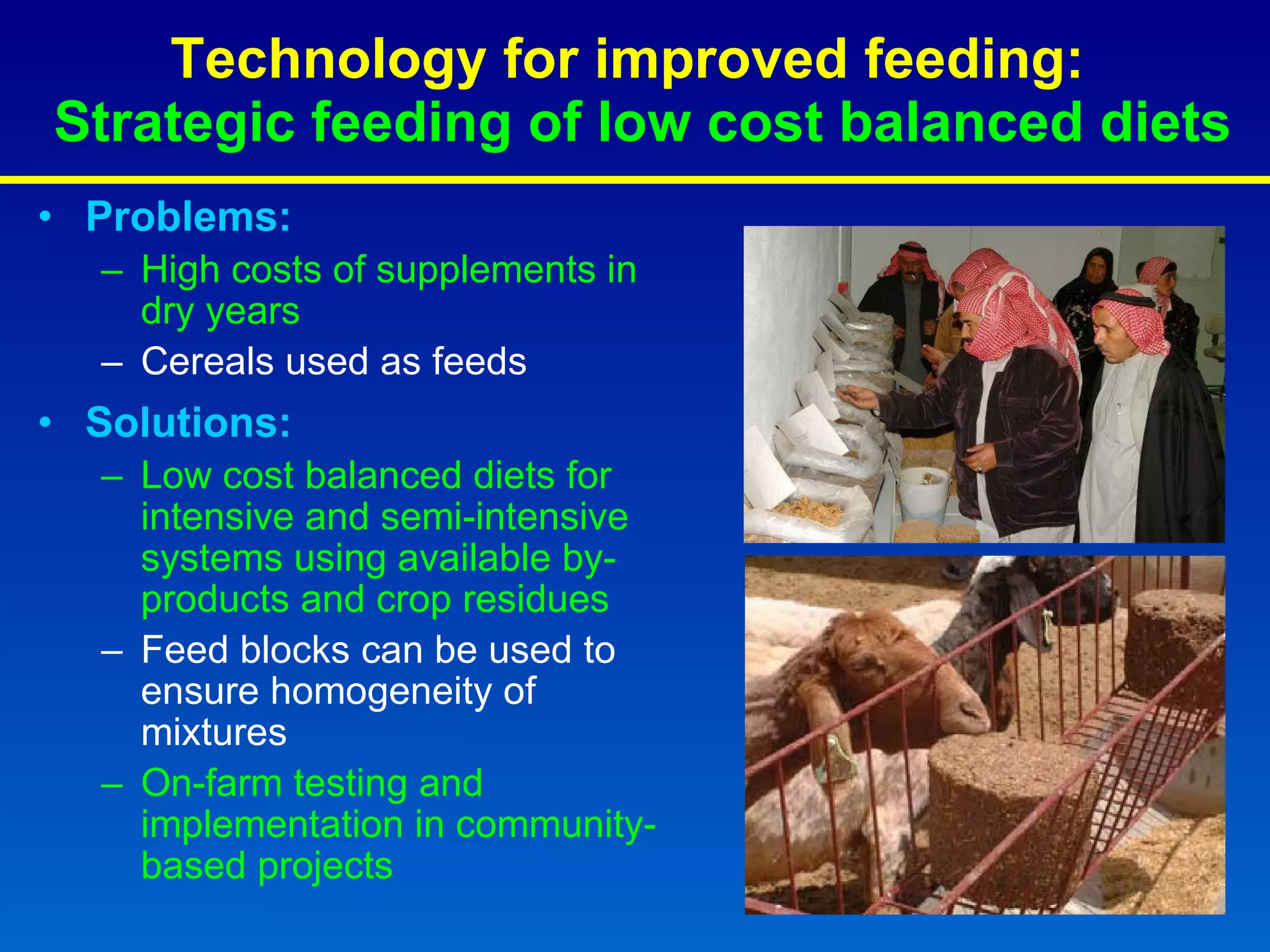 Problems: High costs of supplements in dry years Cereals used as feeds Solutions: Low cost balanced diets for intensive and semi-intensive systems using available by-products and crop residues Feed blocks can be used to ensure homogeneity of mixtures On-farm testing and implementation in community-based projects Technology for improved feeding:    Strategic feeding of low cost balanced diets 