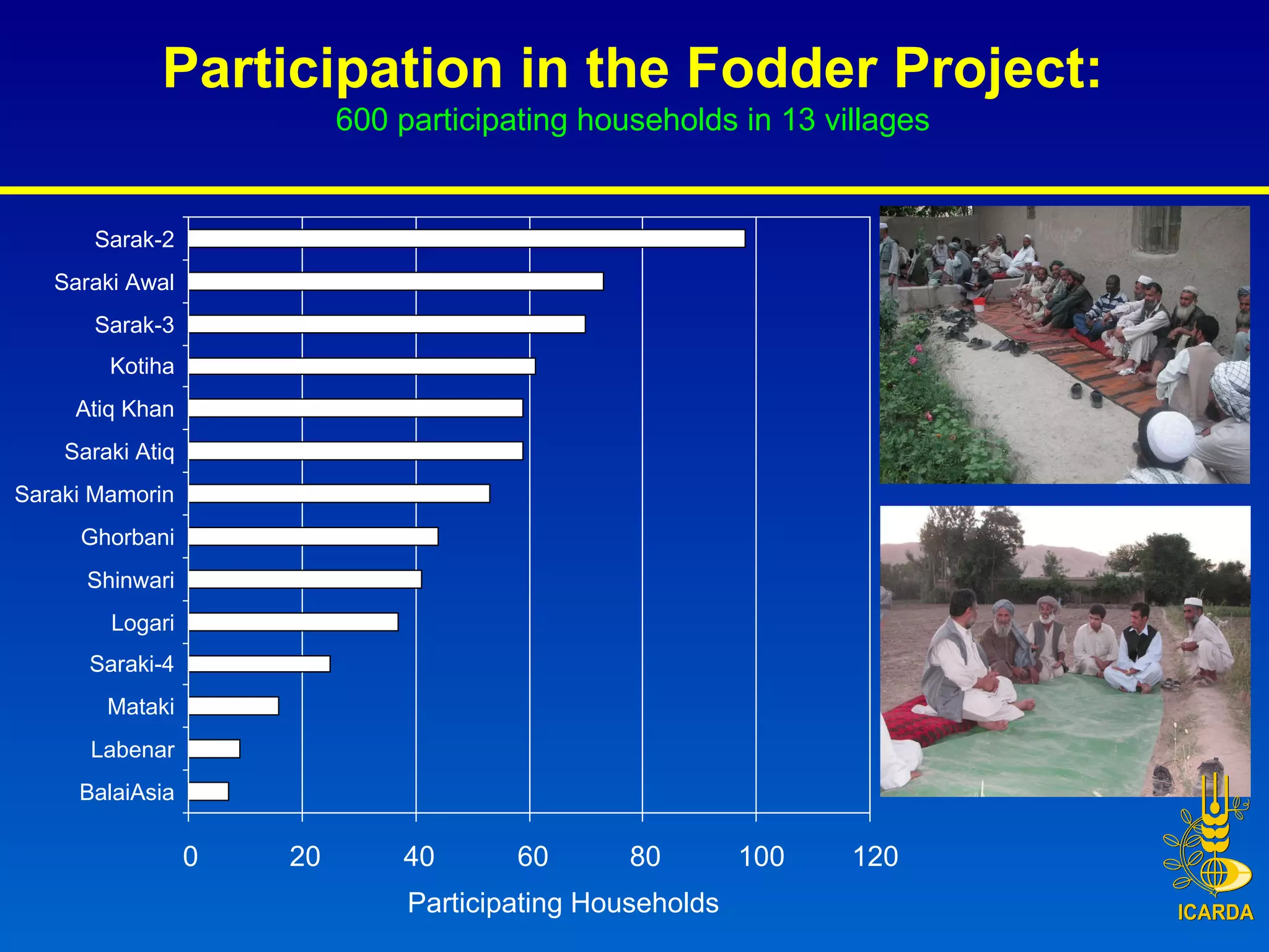 Participation in the Fodder Project: 600 participating households in 13 villages 0 20 40 60 80 100 120 BalaiAsia Labenar Mataki Saraki-4 Logari Shinwari Ghorbani Saraki Mamorin Saraki Atiq Atiq Khan Kotiha Sarak-3 Saraki Awal Sarak-2 Participating Households 