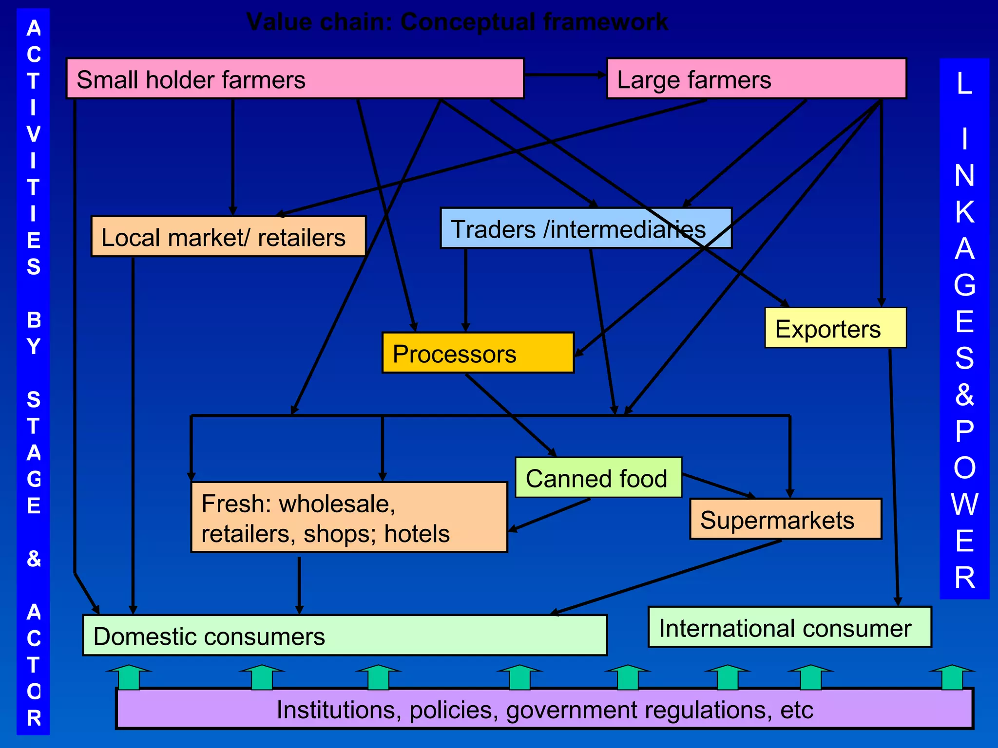 Small holder farmers Large farmers Traders /intermediaries Local market/ retailers Exporters Processors Fresh: wholesale, retailers, shops; hotels Supermarkets Domestic consumers International consumer Value chain: Conceptual framework Institutions, policies, government regulations, etc Canned food ACTIVITIES BY STAGE & ACTOR L INKAGES& POWER 