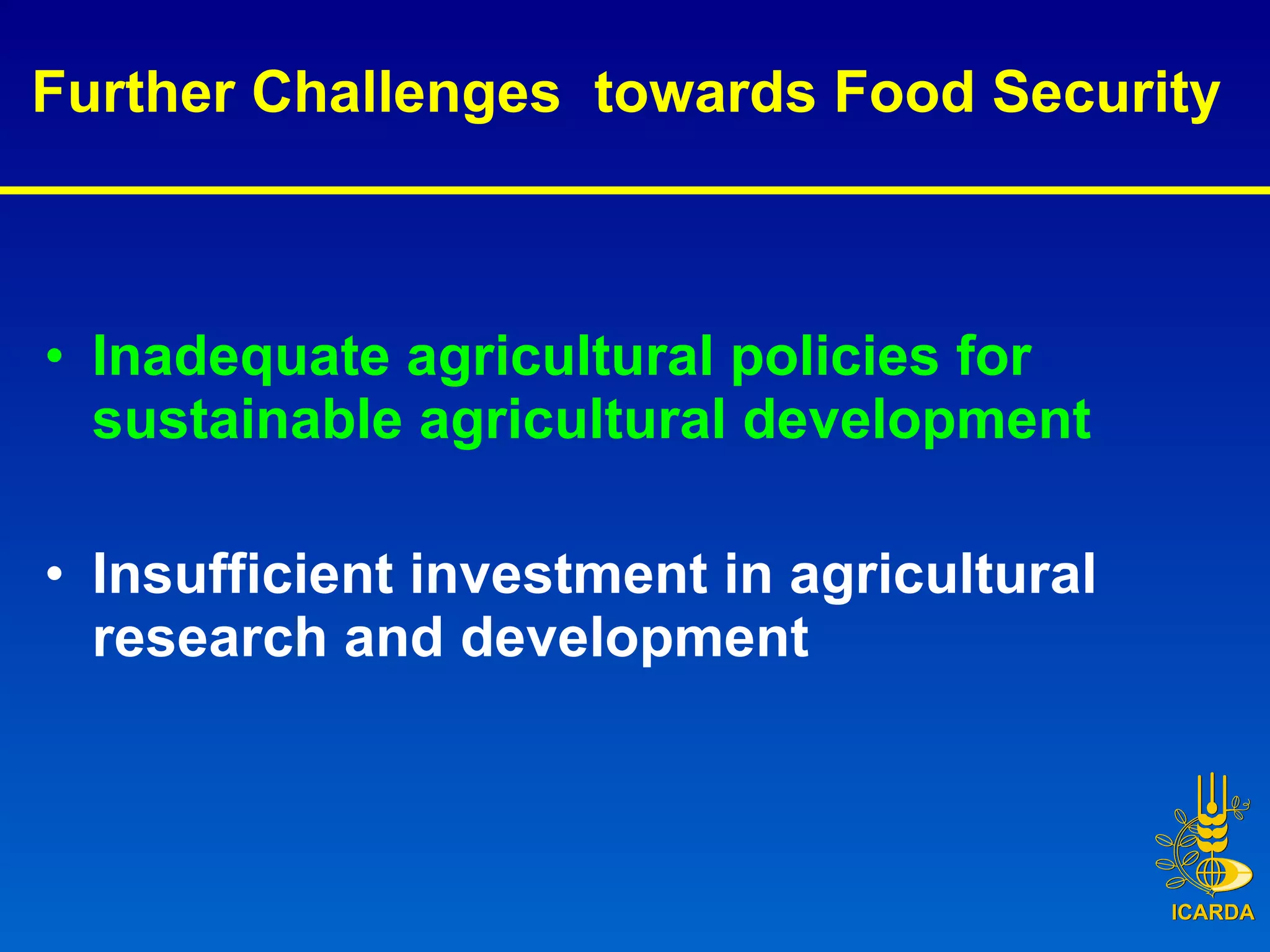 Further Challenges  towards Food Security   Inadequate agricultural policies for sustainable agricultural development Insufficient investment in agricultural research and development 