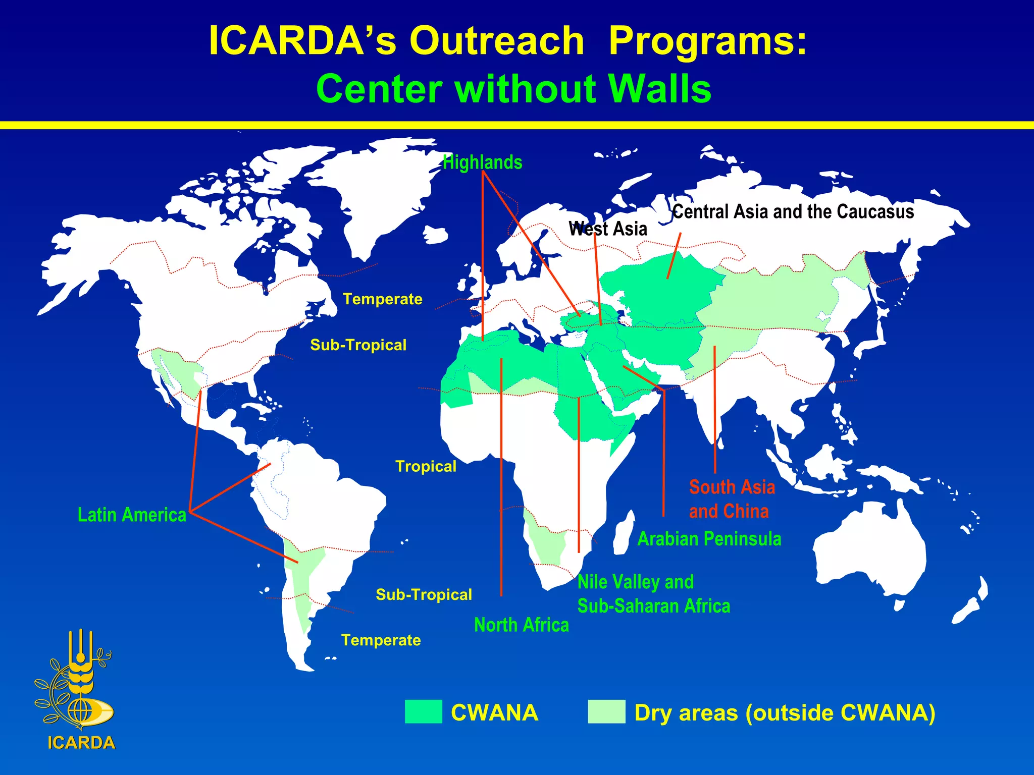 CWANA   Dry areas (outside CWANA) Temperate Temperate Sub-Tropical Sub-Tropical Tropical Latin America Nile Valley and Sub-Saharan Africa North Africa West Asia Arabian Peninsula South Asia  and China Highlands Central Asia and the Caucasus ICARDA’s Outreach  Programs: Center without Walls 