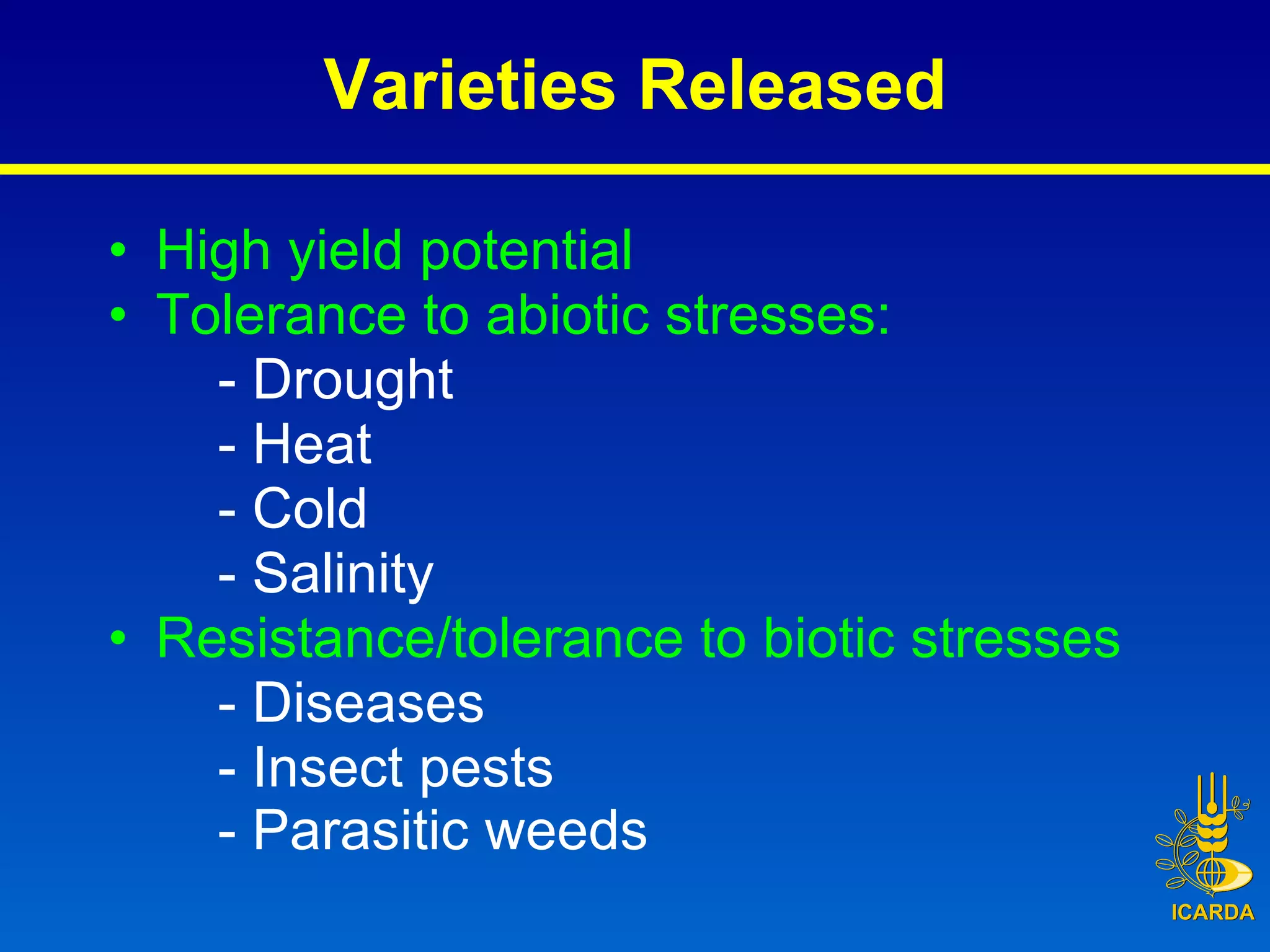 Varieties Released High yield potential Tolerance to abiotic stresses: - Drought - Heat - Cold - Salinity  Resistance/tolerance to biotic stresses - Diseases - Insect pests - Parasitic weeds   