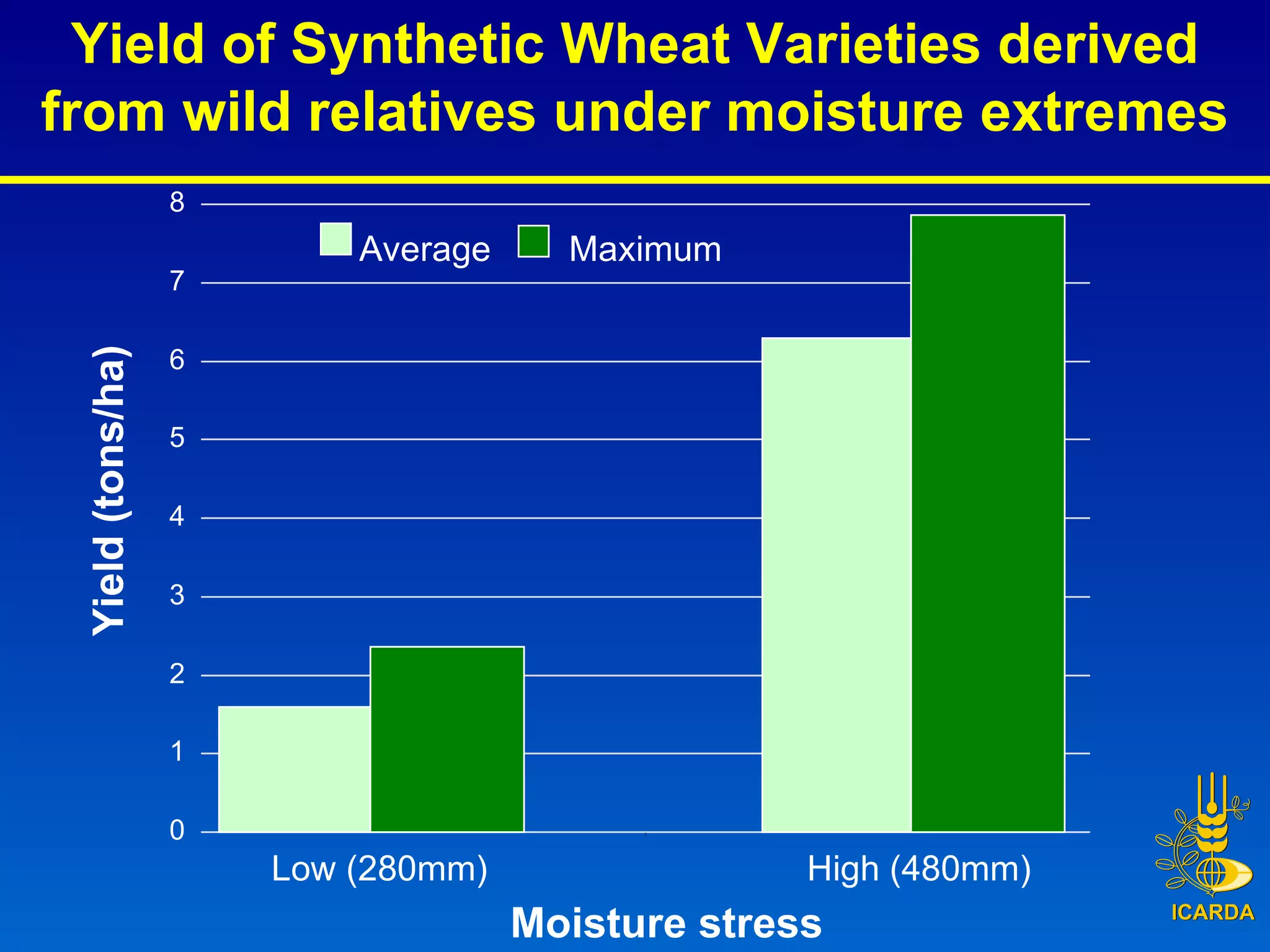 0 1 2 3 4 5 6 7 8 Low (280mm) High (480mm) Average  Maximum Yield of Synthetic Wheat Varieties derived from wild relatives under moisture extremes Yield (tons/ha) Moisture stress 