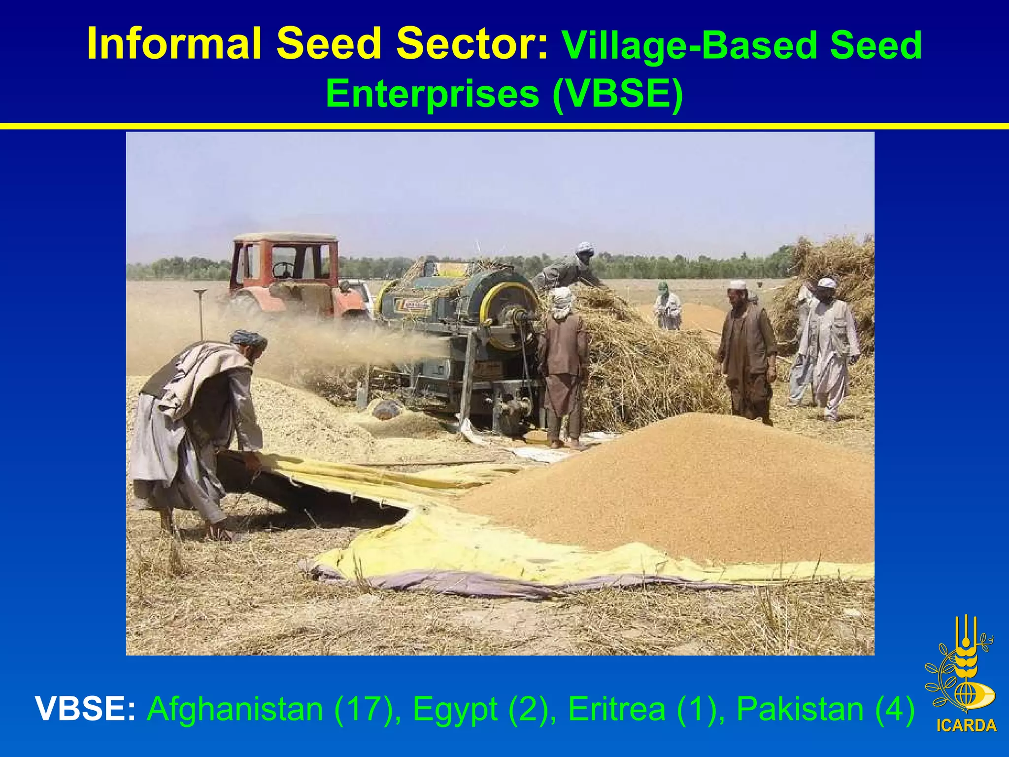 Informal Seed Sector:  Village-Based Seed Enterprises (VBSE) VBSE:  Afghanistan (17), Egypt (2), Eritrea (1), Pakistan (4) 