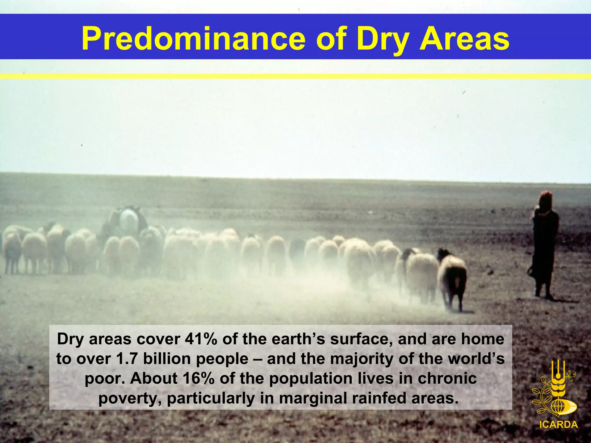 Dry areas cover 41% of the earth’s surface, and are home to over 1.7 billion people – and the majority of the world’s poor.   About 16% of the population lives in chronic poverty, particularly in marginal rainfed areas.  Predominance of Dry Areas 