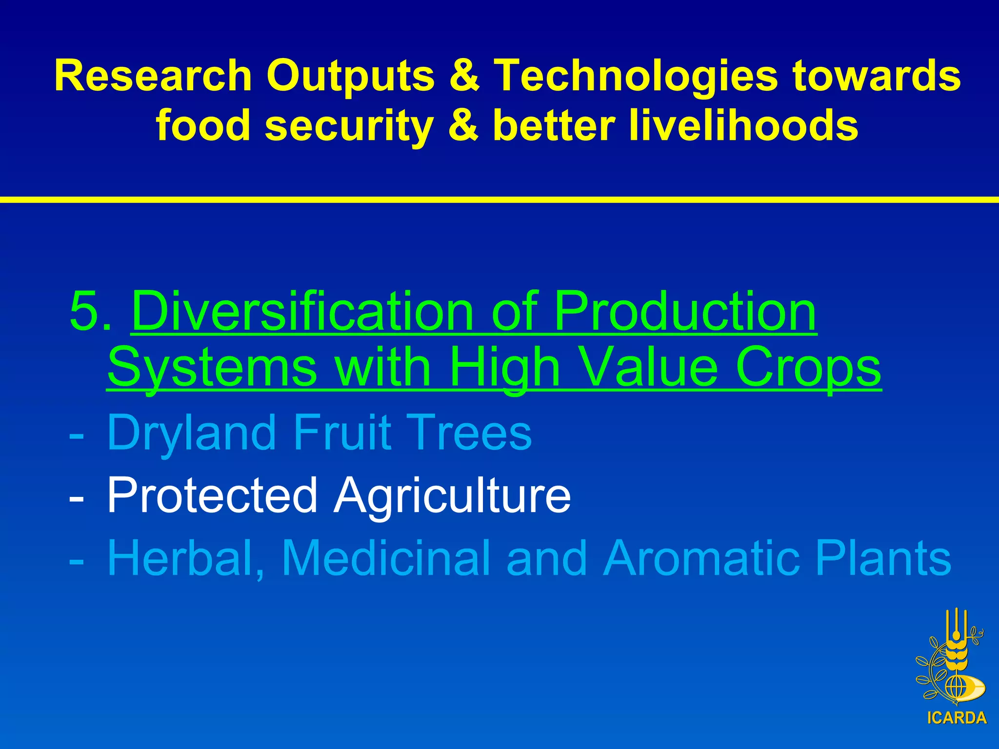 Research Outputs & Technologies towards food security & better livelihoods 5.  Diversification of Production Systems with High Value Crops Dryland Fruit Trees Protected Agriculture Herbal, Medicinal and Aromatic Plants 