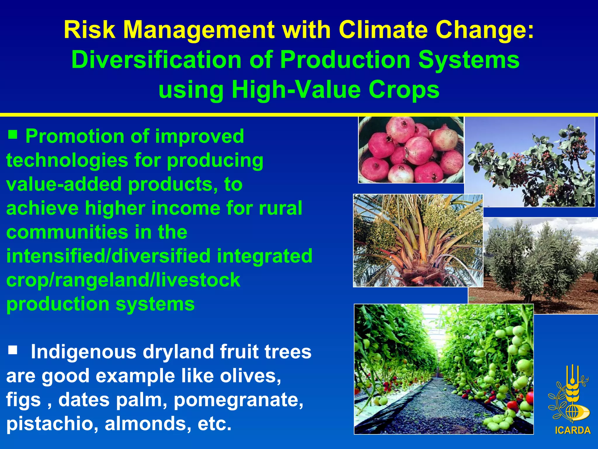 Risk Management with Climate Change:  Diversification of Production Systems  using High-Value Crops Promotion of improved technologies for producing value-added products, to achieve higher income for rural communities in the intensified/diversified integrated crop/rangeland/livestock production systems Indigenous dryland fruit trees are good example like olives, figs , dates palm, pomegranate, pistachio, almonds, etc.  