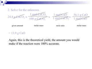 2. Solve for the unknown. 24.8 g CaCO 3  x   x    x  given amount molar mass mole ratio molar mass = 13.9 g CaO Again, this is the theoretical yield, the amount you would make if the reaction were 100% accurate. 1 mol CaCO 3 100 g CaCO 3 1 mol CaO 1 mol CaCO 3 56.1 g CaO 1 mol CaO 