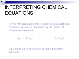 INTERPRETING CHEMICAL EQUATIONS As you may recall, ammonia is widely used as a fertilizer. Ammonia is produced industrially by the reaction of nitrogen with hydrogen. What kinds of information can be derived from this equation? N 2 ( g )  +  3H 2 ( g )  2NH 3 ( g ) 