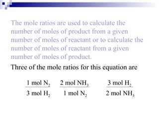 The mole ratios are used to calculate the number of moles of product from a given number of moles of reactant or to calculate the number of moles of reactant from a given number of moles of product. Three of the mole ratios for this equation are 1 mol N 2   2 mol NH 3  3 mol H 2 3 mol H 2   1 mol N 2 2 mol NH 3 