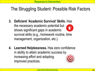 Response to Intervention
www.interventioncentral.org 12
3. Deficient ‘Academic Survival’ Skills. Has
the necessary academic potential but
shows significant gaps in academic
survival skills (e.g., homework routine, time
management, organization, etc.).
4. Learned Helplessness. Has zero confidence
in ability to attain academic success by
increasing effort and adopting
improved practices.
The Struggling Student: Possible Risk Factors
 