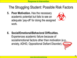 Response to Intervention
www.interventioncentral.org
13
5. Poor Motivation. Has the necessary
academic potential but fails to see an
adequate ‘pay-off’ for doing the assigned
work.
6. Social/Emotional/Behavioral Difficulties.
Experiences academic failure because of
social/emotional factors other than motivation (e.g.,
anxiety, ADHD, Oppositional Defiant Disorder).
The Struggling Student: Possible Risk Factors
 