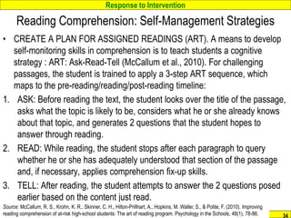 Response to Intervention
www.interventioncentral.org 34
Reading Comprehension: Self-Management Strategies
• CREATE A PLAN FOR ASSIGNED READINGS (ART). A means to develop
self-monitoring skills in comprehension is to teach students a cognitive
strategy : ART: Ask-Read-Tell (McCallum et al., 2010). For challenging
passages, the student is trained to apply a 3-step ART sequence, which
maps to the pre-reading/reading/post-reading timeline:
1. ASK: Before reading the text, the student looks over the title of the passage,
asks what the topic is likely to be, considers what he or she already knows
about that topic, and generates 2 questions that the student hopes to
answer through reading.
2. READ: While reading, the student stops after each paragraph to query
whether he or she has adequately understood that section of the passage
and, if necessary, applies comprehension fix-up skills.
3. TELL: After reading, the student attempts to answer the 2 questions posed
earlier based on the content just read.
Source: McCallum, R. S., Krohn, K. R., Skinner, C. H., Hilton-Prillhart, A., Hopkins, M. Waller, S., & Polite, F. (2010). Improving
reading comprehension of at-risk high-school students: The art of reading program. Psychology in the Schools, 48(1), 78-86.
 