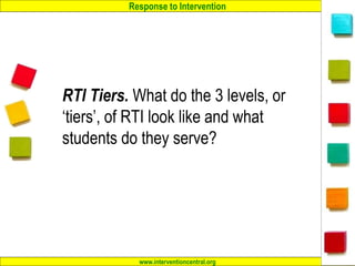 Response to Intervention
www.interventioncentral.org 5
RTI Tiers. What do the 3 levels, or
‘tiers’, of RTI look like and what
students do they serve?
 