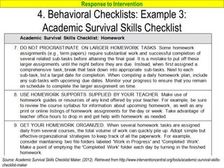 Response to Intervention
www.interventioncentral.org 56
Source: Academic Survival Skills Checklist Maker. (2012). Retrieved from http://www.interventioncentral.org/tools/academic-survival-skills-
checklist-maker
4. Behavioral Checklists: Example 3:
Academic Survival Skills Checklist
 