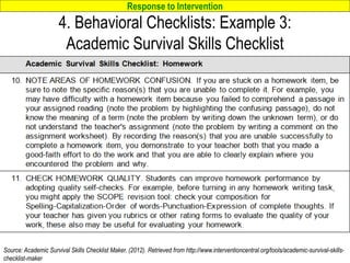 Response to Intervention
www.interventioncentral.org 57
Source: Academic Survival Skills Checklist Maker. (2012). Retrieved from http://www.interventioncentral.org/tools/academic-survival-skills-
checklist-maker
4. Behavioral Checklists: Example 3:
Academic Survival Skills Checklist
 