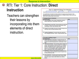 Response to Intervention
www.interventioncentral.org
RTI: Tier 1: Core Instruction: Direct
Instruction
Teachers can strengthen
their lessons by
incorporating into them
elements of direct
instruction.
64
 