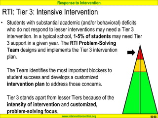 Response to Intervention
www.interventioncentral.org
RTI: Tier 3: Intensive Intervention
• Students with substantial academic (and/or behavioral) deficits
who do not respond to lesser interventions may need a Tier 3
intervention. In a typical school, 1-5% of students may need Tier
3 support in a given year. The RTI Problem-Solving
Team designs and implements the Tier 3 intervention
plan.
The Team identifies the most important blockers to
student success and develops a customized
intervention plan to address those concerns.
Tier 3 stands apart from lesser Tiers because of the
intensity of intervention and customized,
problem-solving focus.
90
90
90
 