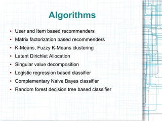 Algorithms
●

User and Item based recommenders

●

Matrix factorization based recommenders

●

K-Means, Fuzzy K-Means clustering

●

Latent Dirichlet Allocation

●

Singular value decomposition

●

Logistic regression based classifier

●

Complementary Naive Bayes classifier

●

Random forest decision tree based classifier

 
