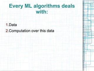Every ML algorithms deals
with:
1.Data
2.Computation over this data

 