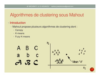 Algorithmes de clustering sous Mahout
• Introduction
• Mahout propose plusieurs algorithmes de clustering dont :
• Canopy
...