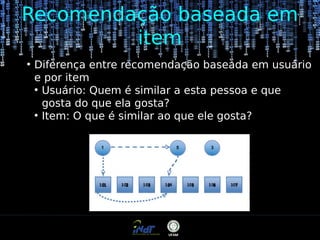 Recomendação baseada em
item
●

Diferença entre recomendação baseada em usuário
e por item
●
Usuário: Quem é similar a esta pessoa e que
gosta do que ela gosta?
●
Item: O que é similar ao que ele gosta?

 