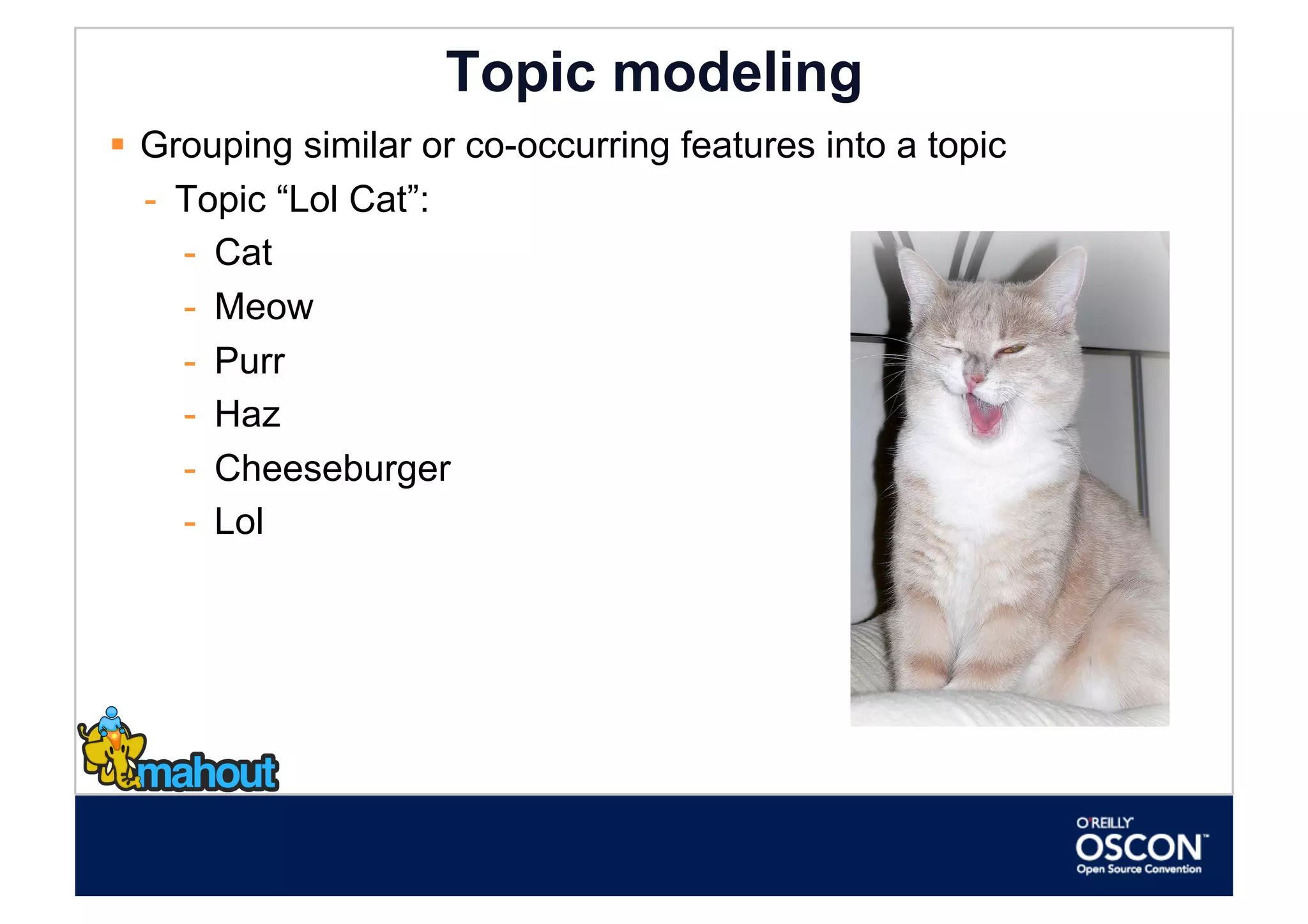 Topic modeling
  Grouping similar or co-occurring features into a topic
   -  Topic “Lol Cat”:
      -  Cat
      -  Meow
      -  Purr
      -  Haz
      -  Cheeseburger
      -  Lol
 
