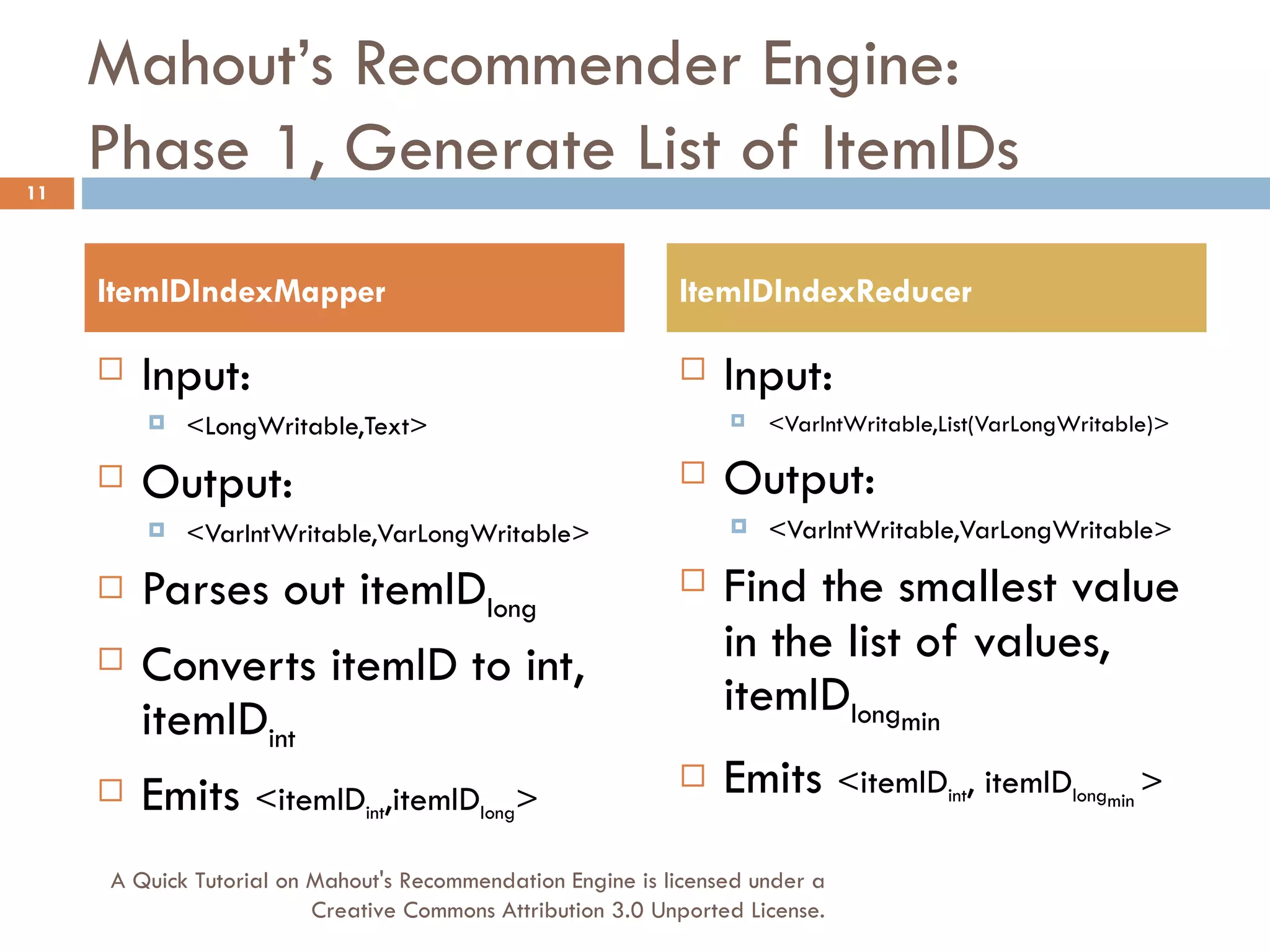 Mahout’s Recommender Engine: Phase 1, Generate List of ItemIDs Input:  <LongWritable,Text> Output:  <VarIntWritable,VarLongWritable> Parses out itemID long Converts itemID to int, itemID int Emits  <itemID int ,itemID long > Input: <VarIntWritable,List(VarLongWritable)> Output: <VarIntWritable,VarLongWritable> Find the smallest value in the list of values, itemID long min Emits  <itemID int , itemID long min  > ItemIDIndexMapper ItemIDIndexReducer A Quick Tutorial on Mahout's Recommendation Engine is licensed under a Creative Commons Attribution 3.0 Unported License. 