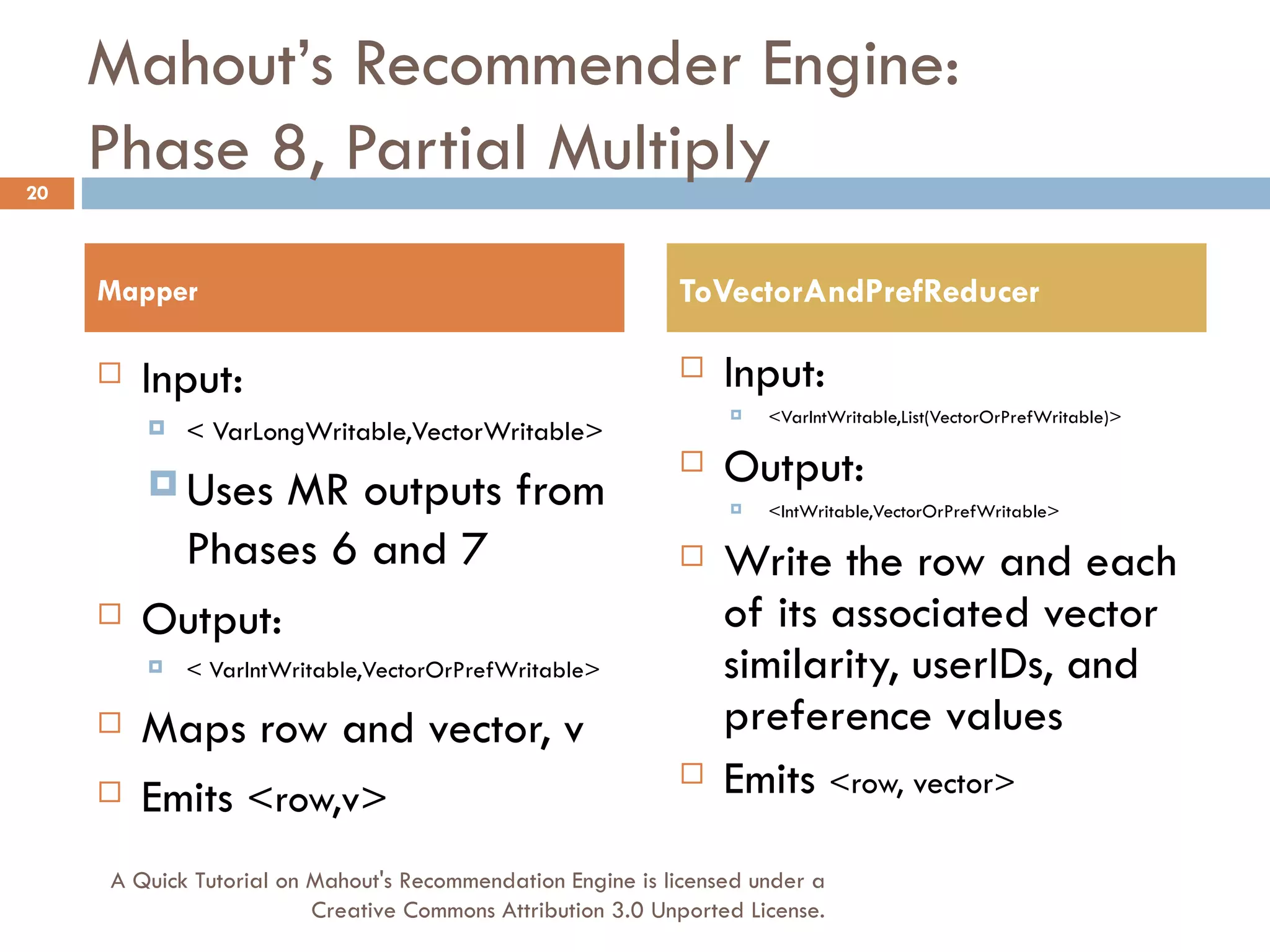 Mahout’s Recommender Engine: Phase 8, Partial Multiply Input:  < VarLongWritable,VectorWritable> Uses MR outputs from Phases 6 and 7 Output:  < VarIntWritable,VectorOrPrefWritable> Maps row and vector, v Emits  <row,v> Input: <VarIntWritable,List(VectorOrPrefWritable)> Output: <IntWritable,VectorOrPrefWritable> Write the row and each of its associated vector similarity, userIDs, and preference values Emits  <row, vector> Mapper ToVectorAndPrefReducer A Quick Tutorial on Mahout's Recommendation Engine is licensed under a Creative Commons Attribution 3.0 Unported License. 