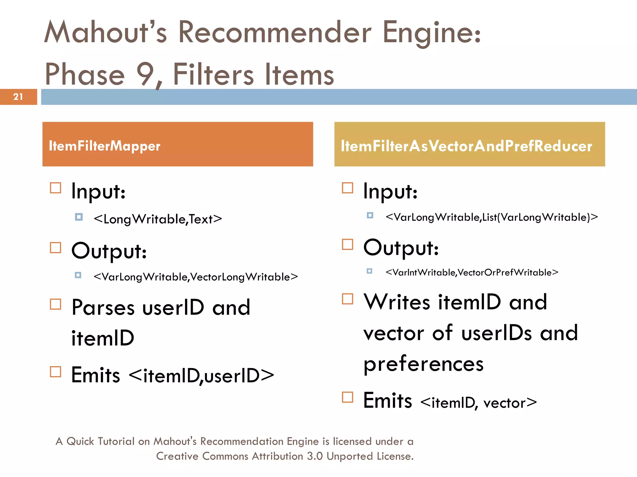 Mahout’s Recommender Engine: Phase 9, Filters Items Input:  <LongWritable,Text> Output:  <VarLongWritable,VectorLongWritable> Parses userID and itemID Emits  <itemID,userID> Input: <VarLongWritable,List(VarLongWritable)> Output: <VarIntWritable,VectorOrPrefWritable> Writes itemID and vector of userIDs and preferences Emits  <itemID, vector> ItemFilterMapper ItemFilterAsVectorAndPrefReducer A Quick Tutorial on Mahout's Recommendation Engine is licensed under a Creative Commons Attribution 3.0 Unported License. 