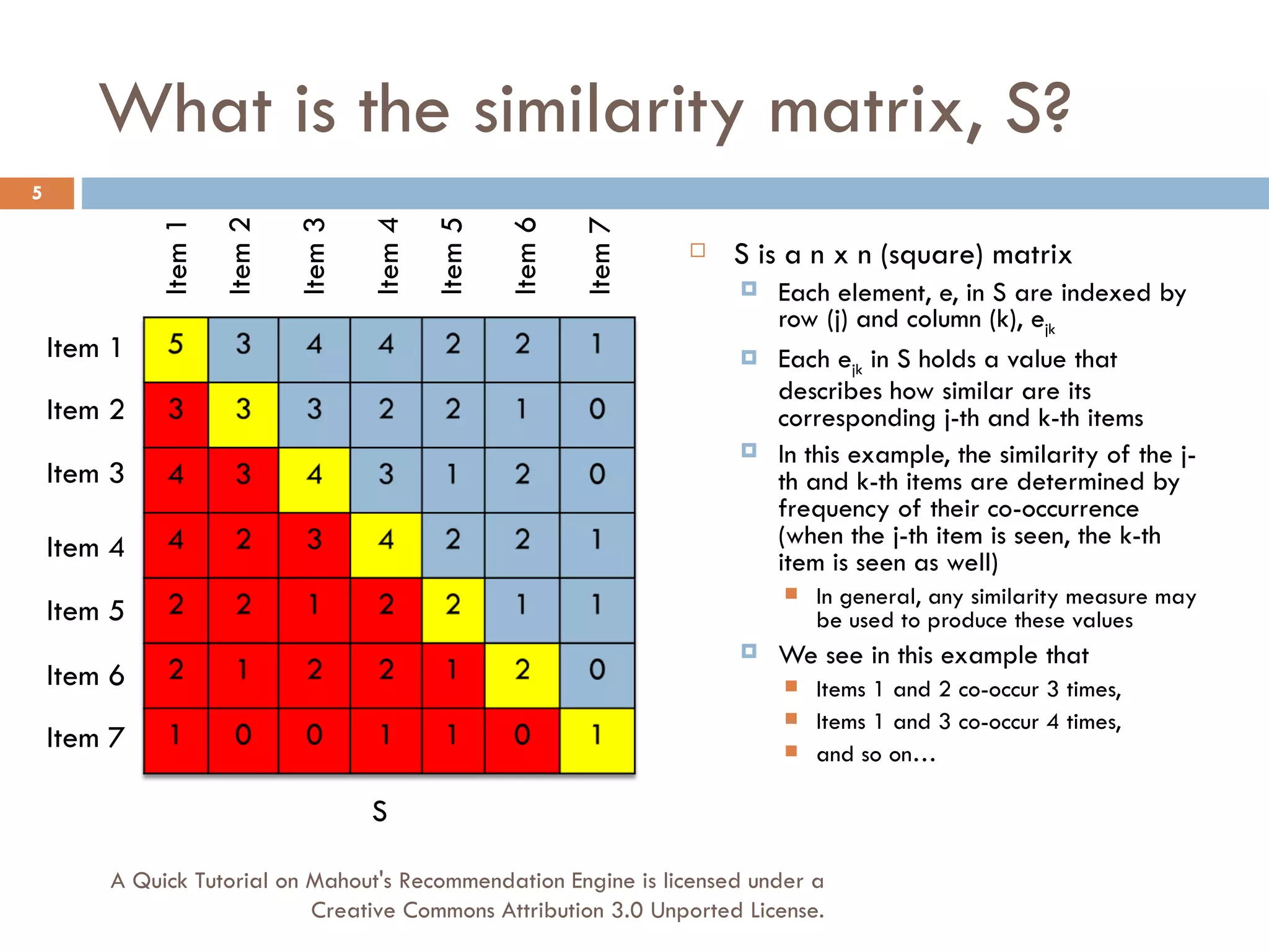 What is the similarity matrix, S? S is a n x n (square) matrix Each element, e, in S are indexed by row (j) and column (k), e jk Each e jk  in S holds a value that describes how similar are its corresponding j-th and k-th items In this example, the similarity of the j-th and k-th items are determined by frequency of their co-occurrence (when the j-th item is seen, the k-th item is seen as well) In general, any similarity measure may be used to produce these values We see in this example that  Items 1 and 2 co-occur 3 times,  Items 1 and 3 co-occur 4 times,  and so on… S Item 1 Item 1 Item 2 Item 3 Item 4 Item 5 Item 6 Item 7 Item 2 Item 3 Item 4 Item 5 Item 6 Item 7 A Quick Tutorial on Mahout's Recommendation Engine is licensed under a Creative Commons Attribution 3.0 Unported License. 