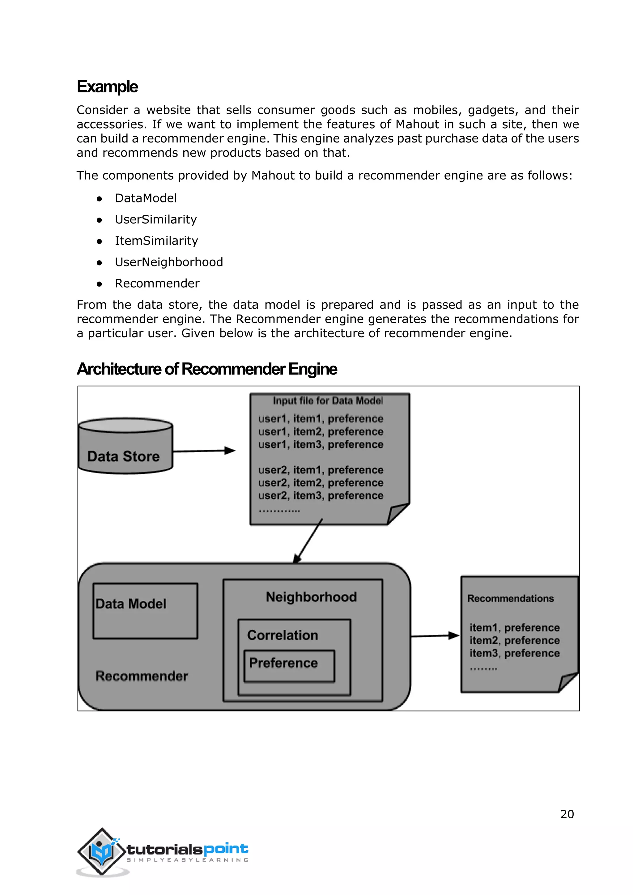 20
Example
Consider a website that sells consumer goods such as mobiles, gadgets, and their
accessories. If we want to implement the features of Mahout in such a site, then we
can build a recommender engine. This engine analyzes past purchase data of the users
and recommends new products based on that.
The components provided by Mahout to build a recommender engine are as follows:
● DataModel
● UserSimilarity
● ItemSimilarity
● UserNeighborhood
● Recommender
From the data store, the data model is prepared and is passed as an input to the
recommender engine. The Recommender engine generates the recommendations for
a particular user. Given below is the architecture of recommender engine.
ArchitectureofRecommenderEngine
 