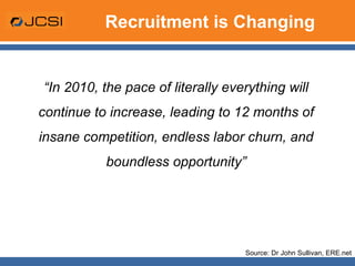 Recruitment is Changing “ In 2010, the pace of literally everything will continue to increase, leading to 12 months of insane competition, endless labor churn, and boundless opportunity” Source: Dr John Sullivan, ERE.net 
