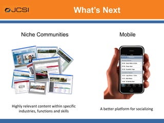 What’s Next Niche Communities Mobile A better platform for socializing Highly relevant content within specific industries, functions and skills 
