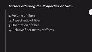 Factors affecting the Properties of FRC …
1. Volume of fibers
2. Aspect ratio of fiber
3. Orientation of fiber
4. Relative fiber matrix stiffness
 