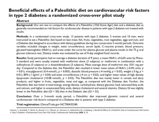 Jönsson,	
  T.;	
  Granfeldt,	
  Y.;	
  Ahrén,	
  B.;	
  Branell,	
  U.-­‐C.;	
  Pålsson,	
  G.;	
  Hansson,	
  A.;	
  Söderström,	
  M.;	
  Lindeberg,	
  S.	
  Beneﬁcial	
  Eﬀects	
  of	
  a	
  Paleolithic	
  Diet	
  on	
  Cardiovascular	
  Risk	
  Factors	
  
in	
  Type	
  2	
  Diabetes:	
  A	
  Randomized	
  Cross-­‐Over	
  Pilot	
  Study.	
  Cardiovascular	
  Diabetology	
  2009,	
  8,	
  35.	
  
 