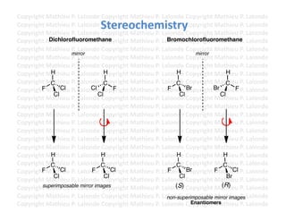 Copyright	
  Mathieu	
  P.	
  Lalonde	
  Copyright	
  Mathieu	
  P.	
  Lalonde	
  Copyright	
  Mathieu	
  P.	
  Lalonde	
  
                                         Stereochemistry	
  
Copyright	
  Mathieu	
  P.	
  Lalonde	
  Copyright	
  Mathieu	
  P.	
  Lalonde	
  Copyright	
  Mathieu	
  P.	
  Lalonde	
  
Copyright	
  Mathieu	
  P.	
  Lalonde	
  Copyright	
  Mathieu	
  P.	
  Lalonde	
  Copyright	
  Mathieu	
  P.	
  Lalonde	
  
Copyright	
  Mathieu	
  P.	
  Lalonde	
  Copyright	
  Mathieu	
  P.	
  Lalonde	
  Copyright	
  Mathieu	
  P.	
  Lalonde	
  
              Dichlorofluoromethane                                       Bromochlorofluoromethane
Copyright	
  Mathieu	
  P.	
  Lalonde	
  Copyright	
  Mathieu	
  P.	
  Lalonde	
  Copyright	
  Mathieu	
  P.	
  Lalonde	
  
                         mirror                                                       mirror
Copyright	
  Mathieu	
  P.	
  Lalonde	
  Copyright	
  Mathieu	
  P.	
  Lalonde	
  Copyright	
  Mathieu	
  P.	
  Lalonde	
  
Copyright	
  Mathieu	
  P.	
  Lalonde	
  Copyright	
  Mathieu	
  P.	
  Lalonde	
  Copyright	
  Mathieu	
  P.	
  Lalonde	
  
Copyright	
  MHathieu	
  P.	
  Lalonde	
  Copyright	
  Mathieu	
  P.	
  Lalonde	
  Copyright	
  Mathieu	
  P.	
  Lalonde	
  
                                           H                                  H                      H
Copyright	
  MCathieu	
  P.	
  Lalonde	
  Copyright	
  Mathieu	
  P.	
  Lalonde	
  Copyright	
  Mathieu	
  P.	
  Lalonde	
  
                                           C                                  C                     C
Copyright	
  Mathieu	
  P.	
  Lalonde	
  Copyright	
  Mathieu	
  P.	
  Lalonde	
  Copyright	
  Br athieu	
  P.	
  Lalonde	
  
        F          Cl               Cl         F                          F        Br           M        F
                Cl                     Cl                                      Cl                 Cl
Copyright	
  Mathieu	
  P.	
  Lalonde	
  Copyright	
  Mathieu	
  P.	
  Lalonde	
  Copyright	
  Mathieu	
  P.	
  Lalonde	
  
Copyright	
  Mathieu	
  P.	
  Lalonde	
  Copyright	
  Mathieu	
  P.	
  Lalonde	
  Copyright	
  Mathieu	
  P.	
  Lalonde	
  
Copyright	
  Mathieu	
  P.	
  Lalonde	
  Copyright	
  Mathieu	
  P.	
  Lalonde	
  Copyright	
  Mathieu	
  P.	
  Lalonde	
  
Copyright	
  Mathieu	
  P.	
  Lalonde	
  Copyright	
  Mathieu	
  P.	
  Lalonde	
  Copyright	
  Mathieu	
  P.	
  Lalonde	
  
Copyright	
  Mathieu	
  P.	
  Lalonde	
  Copyright	
  Mathieu	
  P.	
  Lalonde	
  Copyright	
  Mathieu	
  P.	
  Lalonde	
  
Copyright	
  Mathieu	
  P.	
  Lalonde	
  Copyright	
  Mathieu	
  P.	
  Lalonde	
  Copyright	
  Mathieu	
  P.	
  Lalonde	
  
Copyright	
  Mathieu	
  P.	
  Lalonde	
  Copyright	
  Mathieu	
  P.	
  Lalonde	
  Copyright	
  Mathieu	
  P.	
  Lalonde	
  
Copyright	
  MHathieu	
  P.	
  Lalonde	
  Hopyright	
  Mathieu	
  P.	
  Lalonde	
  Copyright	
  Mathieu	
  P.	
  Lalonde	
  
                                          C                                   H                    H
Copyright	
  MCathieu	
  P.	
  Lalonde	
  Copyright	
  Mathieu	
  P.	
  Lalonde	
  Copyright	
  Mathieu	
  P.	
  Lalonde	
  
                                          C                                   C                    C
Copyright	
  Mathieu	
  
        F          Cl P.	
  Lalonde	
  Copyright	
  Mathieu	
  P.	
  Lalonde	
  Copyright	
  F athieu	
  P.	
  Lalonde	
  
                                    F         Cl                          F        Br           M       Cl
                Cl                         Cl                                  Cl                    Br
Copyright	
  Mathieu	
  P.	
  Lalonde	
  Copyright	
  Mathieu	
  P.	
  Lalonde	
  Copyright	
  Mathieu	
  P.	
  Lalonde	
  
Copyright	
  Mathieu	
  P.	
  Lmirror images                                 (S)                  (R)
        superimposable alonde	
  Copyright	
  Mathieu	
  P.	
  Lalonde	
  Copyright	
  Mathieu	
  P.	
  Lalonde	
  

Copyright	
  Mathieu	
  P.	
  Lalonde	
  Copyright	
  Mathieu	
  P.	
  Lalonde	
  Copyright	
  mirror images Lalonde	
  
                                                                          non-superimposable Mathieu	
  P.	
  
Copyright	
  Mathieu	
  P.	
  Lalonde	
  Copyright	
  Mathieu	
  P.	
  Lalonde	
  Copyright	
  Mathieu	
  P.	
  Lalonde	
  	
  
                                                                                    Enantiomers
 