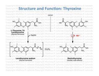 Copyright	
  Mathieu	
  P.	
  Lalonde	
  Copyright	
  Mathieu	
  P.	
  Lalonde	
  Copyright	
  Mathieu	
  P.	
  Lalonde	
  
                  Structure	
  and	
  Func3on:	
  Thyroxine	
  
Copyright	
  Mathieu	
  P.	
  Lalonde	
  Copyright	
  Mathieu	
  P.	
  Lalonde	
  Copyright	
  Mathieu	
  P.	
  Lalonde	
  
Copyright	
  Mathieu	
  P.	
  Lalonde	
  Copyright	
  Mathieu	
  P.	
  Lalonde	
  Copyright	
  Mathieu	
  P.	
  Lalonde	
  
Copyright	
  Mathieu	
  P.	
  Lalonde	
  Copyright	
  Mathieu	
  P.	
  Lalonde	
  Copyright	
  Mathieu	
  P.	
  Lalonde	
  
                                                         mirror
Copyright	
  Mathieu	
  P.	
  Lalonde	
  Copyright	
  Mathieu	
  P.	
  Lalonde	
  Copyright	
  Mathieu	
  P.	
  Lalonde	
  
Copyright	
  Mathieu	
  P.	
  Lalonde	
  Copyright	
  Mathieu	
  P.	
  Lalonde	
  Copyright	
  Mathieu	
  P.	
  Lalonde	
  
                I                          O                                   O                            I
        HO             I                                                                              I          OH
Copyright	
  Mathieu	
  P.	
  Lalonde	
  Copyright	
  Mathieu	
  P.	
  Lalonde	
  Copyright	
  Mathieu	
  P.	
  Lalonde	
  
                                             OH                            HO
Copyright	
  Mathieu	
  P.	
  Lalonde	
  Copyright	
  Mathieu	
  P.	
  Lalonde	
  Copyright	
  Mathieu	
  P.	
  Lalonde	
  
                                      NH2                                           NH2
         I            O                                                                              O            I
Copyright	
  Mathieu	
  P.	
  LIalonde	
  Copyright	
  Mathieu	
  P.	
  Lalonde	
  Copyright	
  Mathieu	
  P.	
  Lalonde	
  
                                                                                              I
Copyright	
  Mathieu	
  P.	
  Lalonde	
  Copyright	
  Mathieu	
  P.	
  Lalonde	
  Copyright	
  Mathieu	
  P.	
  Lalonde	
  
    L-Thyroxine, T4
     Levothyroxine
Copyright	
  Mathieu	
  P.	
  Lalonde	
  Copyright	
  Mathieu	
  P.	
  Lalonde	
  Copyright	
  Mathieu	
  P.	
  Lalonde	
  
     (thyroid hormone)
                                   NaOH                                                              180 °
Copyright	
  Mathieu	
  P.	
  Lalonde	
  Copyright	
  Mathieu	
  P.	
  Lalonde	
  Copyright	
  Mathieu	
  P.	
  Lalonde	
  
Copyright	
  Mathieu	
  P.	
  Lalonde	
  Copyright	
  Mathieu	
  P.	
  Lalonde	
  Copyright	
  Mathieu	
  P.	
  Lalonde	
  
Copyright	
  Mathieu	
  P.	
  Lalonde	
  Copyright	
  Mathieu	
  P.	
  Lalonde	
  Copyright	
  Mathieu	
  P.	
  Lalonde	
  
Copyright	
  Mathieu	
  P.	
  Lalonde	
  Copyright	
  Mathieu	
  P.	
  Lalonde	
  Copyright	
  Mathieu	
  P.	
  Lalonde	
  
              I                       O                                              I                        O
    HO              I                                                       HO              I
Copyright	
  Mathieu	
  P.	
  Lalonde	
  Copyright	
  Mathieu	
  P.	
  Lalonde	
  Copyright	
  Mathieu	
  P.	
  LOH
                                           O                                                                       alonde	
  
                                              Na      [H2O]x
Copyright	
  Mathieu	
  P.	
  Lalonde	
  2Copyright	
  Mathieu	
  P.	
  Lalonde	
  Copyright	
  Mathieu	
  P.	
  Lalonde	
  
                                    NH                                                                      NH2
       I            O                                                        I             O
Copyright	
  Mathieu	
  P.	
  Lalonde	
  Copyright	
  Mathieu	
  P.	
  Lalonde	
  Copyright	
  Mathieu	
  P.	
  Lalonde	
  
                           I                                                                       I
Copyright	
  Mathieu	
  P.	
  Lalonde	
  Copyright	
  Mathieu	
  P.	
  Lalonde	
  Copyright	
  Mathieu	
  P.	
  Lalonde	
  
Copyright	
  Levothyroxinealonde	
  Copyright	
  Mathieu	
  P.	
  Lalonde	
  Copyright	
  Mathieu	
  P.	
  Lalonde	
  
             Mathieu	
  P.	
  L sodium                                                  Dextrothyroxine
                 (thyroid hormone)                                                     (cardiac side-effects)
Copyright	
  Mathieu	
  P.	
  Lalonde	
  Copyright	
  Mathieu	
  P.	
  Lalonde	
  Copyright	
  Mathieu	
  P.	
  Lalonde	
  
Copyright	
  Mathieu	
  P.	
  Lalonde	
  Copyright	
  Mathieu	
  P.	
  Lalonde	
  Copyright	
  Mathieu	
  P.	
  Lalonde	
  
Copyright	
  Mathieu	
  P.	
  Lalonde	
  Copyright	
  Mathieu	
  P.	
  Lalonde	
  Copyright	
  Mathieu	
  P.	
  Lalonde	
  
Copyright	
  Mathieu	
  P.	
  Lalonde	
  Copyright	
  Mathieu	
  P.	
  Lalonde	
  Copyright	
  Mathieu	
  P.	
  Lalonde	
  	
  
 