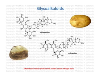Copyright	
  Mathieu	
  P.	
  Lalonde	
  Copyright	
  Mathieu	
  P.	
  Lalonde	
  Copyright	
  Mathieu	
  P.	
  Lalonde	
  
                                            Glycoalkaloids	
  
Copyright	
  Mathieu	
  P.	
  Lalonde	
  Copyright	
  Mathieu	
  P.	
  Lalonde	
  Copyright	
  Mathieu	
  P.	
  Lalonde	
  
Copyright	
  Mathieu	
  P.	
  Lalonde	
  Copyright	
  Mathieu	
  P.	
  Lalonde	
  Copyright	
  Mathieu	
  P.	
  Lalonde	
  
Copyright	
  Mathieu	
  P.	
  Lalonde	
  Copyright	
  Mathieu	
  P.	
  Lalonde	
  Copyright	
  Mathieu	
  P.	
  Lalonde	
  
                  OH
Copyright	
  Mathieu	
  P.	
  Lalonde	
  Copyright	
  MH
             HO         CH3                       H3C athieu	
  P.	
  Lalonde	
  Copyright	
  Mathieu	
  P.	
  Lalonde	
  
                                              H3C H
Copyright	
  Mathieu	
  P.	
  Lalonde	
  Copyright	
  Mathieu	
  P.	
  Lalonde	
  Copyright	
  Mathieu	
  P.	
  Lalonde	
  
                    O         OH
Copyright	
  Mathieu	
  P.	
  Lalonde	
  C opyright	
  MN
             HO
                H                   H3 C      H           athieu	
  P.	
  Lalonde	
  Copyright	
  Mathieu	
  P.	
  Lalonde	
  
                                                                CH3
                  O
Copyright	
  Mathieu	
  P.	
  Lalonde	
  Copyright	
  Mathieu	
  P.	
  Lalonde	
  Copyright	
  Mathieu	
  P.	
  Lalonde	
  
                              O
                                H           H    H
                                                        H

Copyright	
  Mathieu	
  P.	
  Lalonde	
  Copyright	
  Mathieu	
  P.	
  Lalonde	
  Copyright	
  Mathieu	
  P.	
  Lalonde	
  
                 HO             O
Copyright	
  Mathieu	
  P.	
  Lalonde	
  Copyright	
  Mathieu	
  P.	
  Lalonde	
  Copyright	
  Mathieu	
  P.	
  Lalonde	
  
                        O       O   CH3
                                              !-Chaconine
Copyright	
  Mathieu	
  P.	
  Lalonde	
  Copyright	
  Mathieu	
  P.	
  Lalonde	
  Copyright	
  Mathieu	
  P.	
  Lalonde	
  
                        H
                     HO             OH
Copyright	
  Mathieu	
  P.	
  Lalonde	
  Copyright	
  Mathieu	
  P.	
  Lalonde	
  Copyright	
  Mathieu	
  P.	
  Lalonde	
  
                                OH
                                                                                            H3C
                                                                                                  H
                                                                                        H3C H
Copyright	
  Mathieu	
  P.	
  Lalonde	
  Copyright	
  Mathieu	
  P.	
  Lalonde	
  Copyright	
  Mathieu	
  P.	
  Lalonde	
  
                                                         OH          OH
Copyright	
  Mathieu	
  P.	
  Lalonde	
  Copyright	
  Mathieu	
  P.	
  Lalonde	
  Copyright	
  Mathieu	
  3P.	
  Lalonde	
  
                                               HO         HO
                                                                               H3C      H         N
                                                                                                       CH
                                                                                                H
Copyright	
  Mathieu	
  P.	
  Lalonde	
  Copyright	
  Mathieu	
  P.	
  LH
                                                         O           O
                                                                           alonde	
  Copyright	
  Mathieu	
  P.	
  Lalonde	
  
                                                                                      H    H
Copyright	
  Mathieu	
  P.	
  Lalonde	
  Copyright	
  MH O
                                               HO         athieu	
  P.	
  LO
                                                                           alonde	
  Copyright	
  Mathieu	
  P.	
  Lalonde	
  
Copyright	
  Mathieu	
  P.	
  Lalonde	
  Copyright	
  OH athieu	
  P.	
  LO CH3 Copyright	
  Mathieu	
  P.	
  Lalonde	
  
                                                       M        O          alonde	
  
                                                                H
Copyright	
  Mathieu	
  P.	
  Lalonde	
  Copyright	
  Mathieu	
  P.	
  Lalonde	
  Copyright	
  Mathieu	
  P.	
  Lalonde	
  
                                                               HO             OH
                                                                                         !-Solanine

Copyright	
  Mathieu	
  P.	
  Lalonde	
  Copyright	
  Mathieu	
  P.	
  LOH alonde	
  Copyright	
  Mathieu	
  P.	
  Lalonde	
  
Copyright	
  Mathieu	
  P.	
  Lalonde	
  Copyright	
  Mathieu	
  P.	
  Lalonde	
  Copyright	
  Mathieu	
  P.	
  Lalonde	
  
Copyright	
  Mathieu	
  P.	
  Lalonde	
  Copyright	
  Mathieu	
  P.	
  Lalonde	
  Copyright	
  Mathieu	
  P.	
  Lalonde	
  
Copyright	
  Mathieu	
  P.	
  Lalonde	
  Copyright	
  Mathieu	
  P.	
  Lalonde	
  Copyright	
  Mathieu	
  P.	
  Lalonde	
  
Copyright	
  Mathieu	
  P.	
  Lalonde	
  Copyright	
  Mthat containLalonde	
  Copyright	
  Mathieu	
  P.	
  Lalonde	
  
                     Alkaloids are natural products athieu	
  P.	
   a basic nitrogen atom
Copyright	
  Mathieu	
  P.	
  Lalonde	
  Copyright	
  Mathieu	
  P.	
  Lalonde	
  Copyright	
  Mathieu	
  P.	
  Lalonde	
  	
  
 