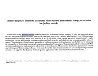 Maharaj,	
  I.;	
  Froh,	
  K.	
  J.;	
  Campbell,	
  J.	
  B.	
  Immune	
  Responses	
  of	
  Mice	
  to	
  InacFvated	
  Rabies	
  Vaccine	
  Administered	
  Orally:	
  PotenFaFon	
  by	
  Quillaja	
  Saponin.	
  Can.	
  J.	
  Microbiol.	
  
1986,	
  32,	
  414–420.	
  
 