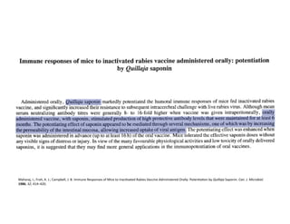 Maharaj,	
  I.;	
  Froh,	
  K.	
  J.;	
  Campbell,	
  J.	
  B.	
  Immune	
  Responses	
  of	
  Mice	
  to	
  InacFvated	
  Rabies	
  Vaccine	
  Administered	
  Orally:	
  PotenFaFon	
  by	
  Quillaja	
  Saponin.	
  Can.	
  J.	
  Microbiol.	
  
1986,	
  32,	
  414–420.	
  
 