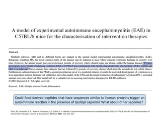 Could	
  food-­‐derived	
  pepFdes	
  that	
  have	
  sequences	
  similar	
  to	
  human	
  proteins	
  trigger	
  an	
  
       autoimmune	
  reacFon	
  in	
  the	
  presence	
  of	
  Quillaja	
  saponin?	
  What	
  about	
  other	
  saponins?	
  	
  

Peiris,	
  M.;	
  Monteith,	
  G.	
  R.;	
  Roberts-­‐Thompson,	
  S.	
  J.;	
  Cabot,	
  P.	
  J.	
  A	
  Model	
  of	
  Experimental	
  Autoimmune	
  EncephalomyeliFs	
  (EAE)	
  in	
  C57BL/6	
  Mice	
  for	
  the	
  CharacterisaFon	
  of	
  
IntervenFon	
  Therapies.	
  Journal	
  of	
  Neuroscience	
  Methods	
  2007,	
  163,	
  245–254.	
  
 